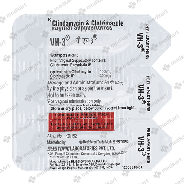 VH 3 VAGINAL SUPPOSITORY 3'S